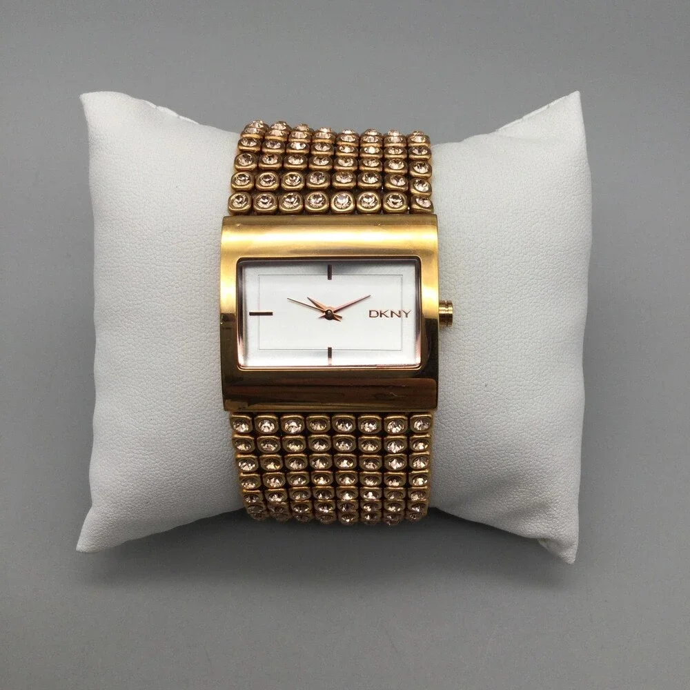 DKNY NY4905 Womens Dress Watch 32mm White Dial Gold Tone Crystals New Battery 7